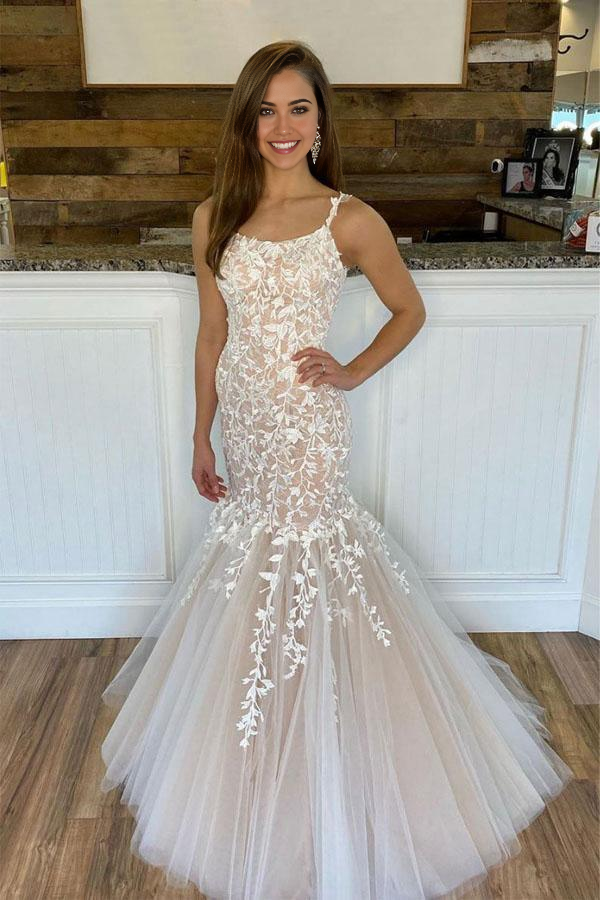 Mermaid Champagne Tulle Lace Long Evening Dresses Prom Dresses