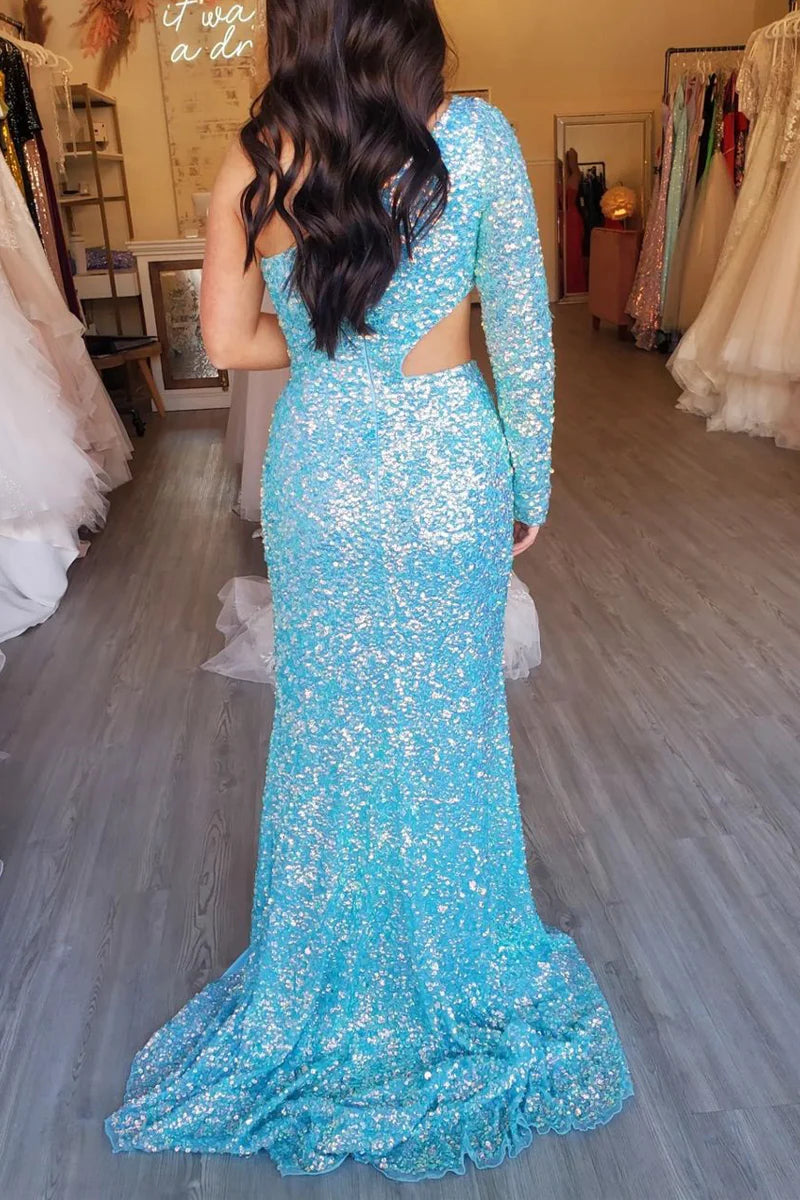 Mermaid One Shoulder Charming Sleeves Blue Sequins Prom Dresses