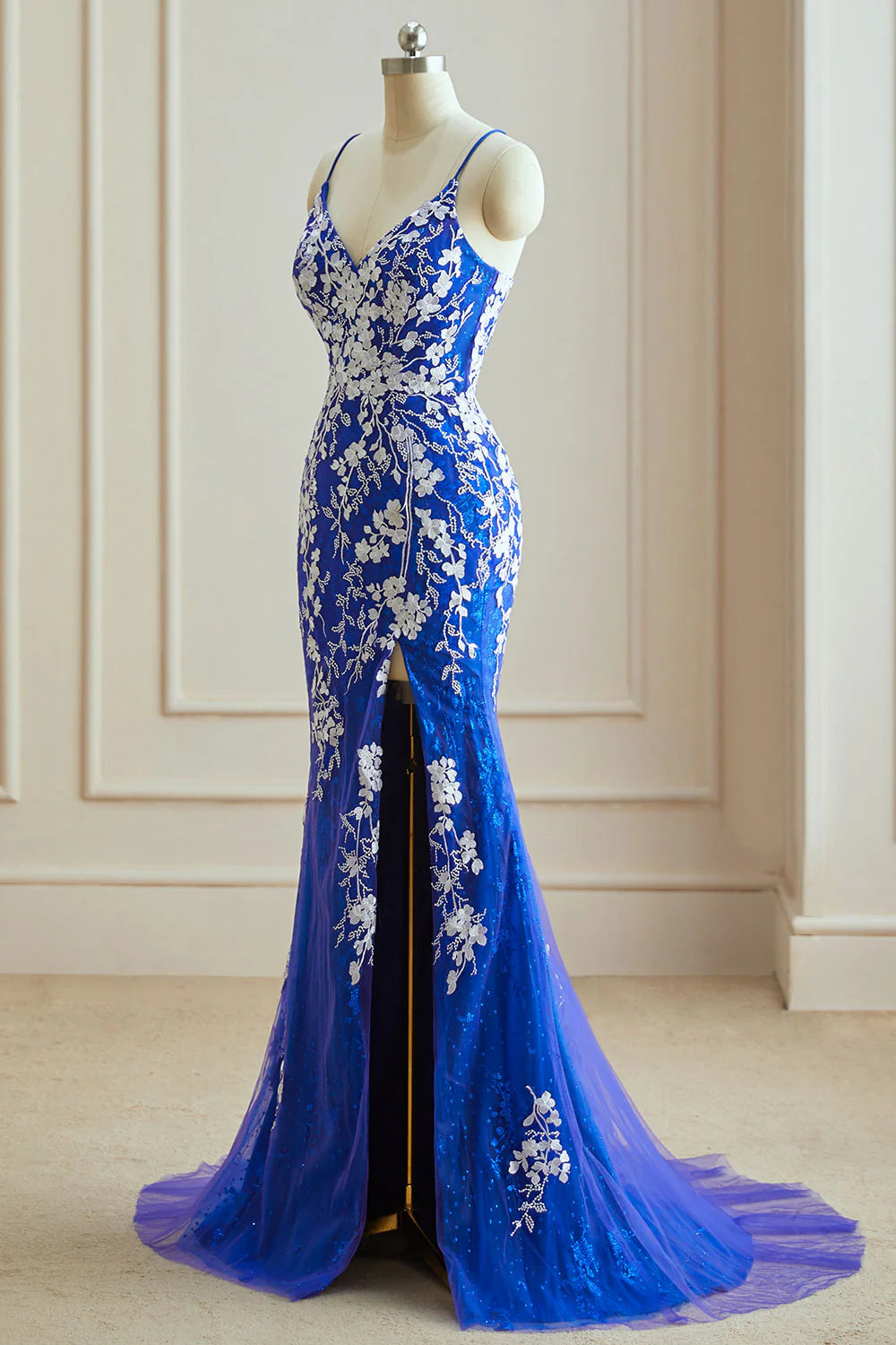 Mermaid V Neck Spaghetti Straps Tulle Slit Long Prom Dress