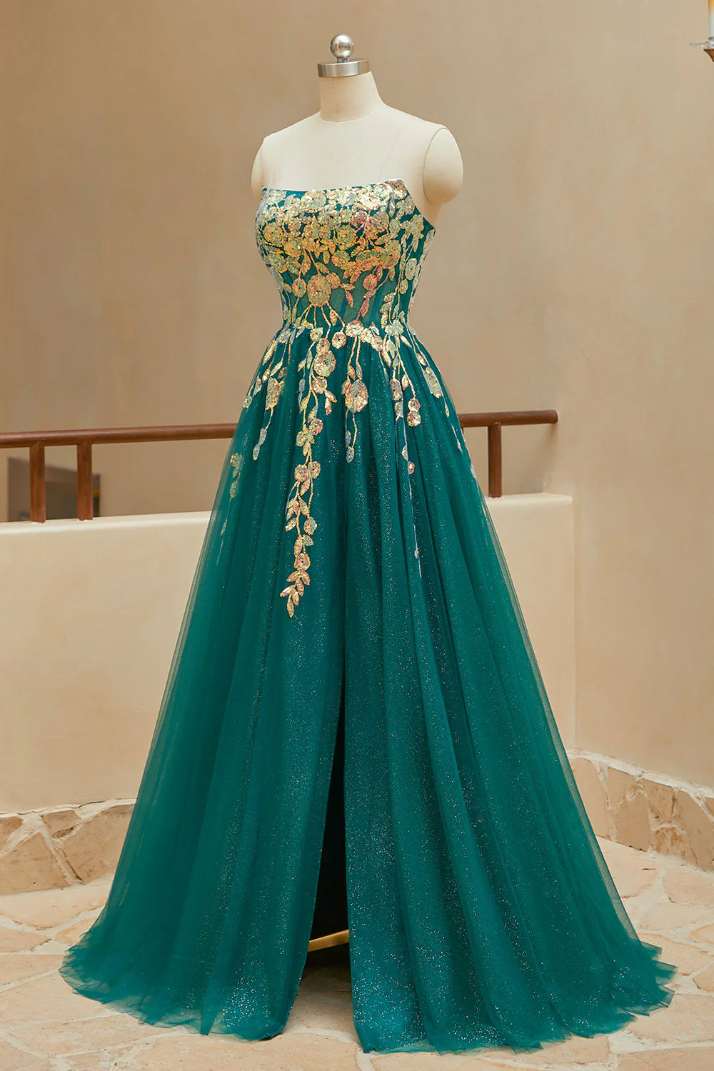 A Line StraplessTulle Slit Prom Dresses