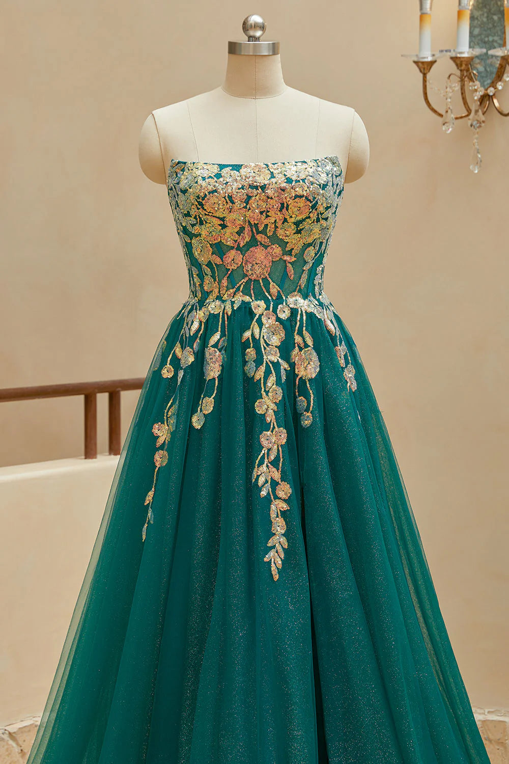 A Line StraplessTulle Slit Prom Dresses