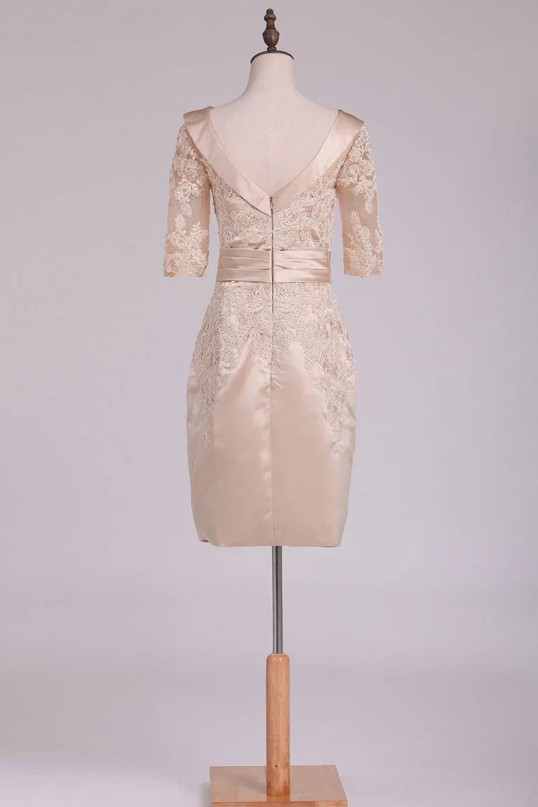 Sheath Cowl Neck Half Sleeve Satin Applique Mother Of The Bride Dresses