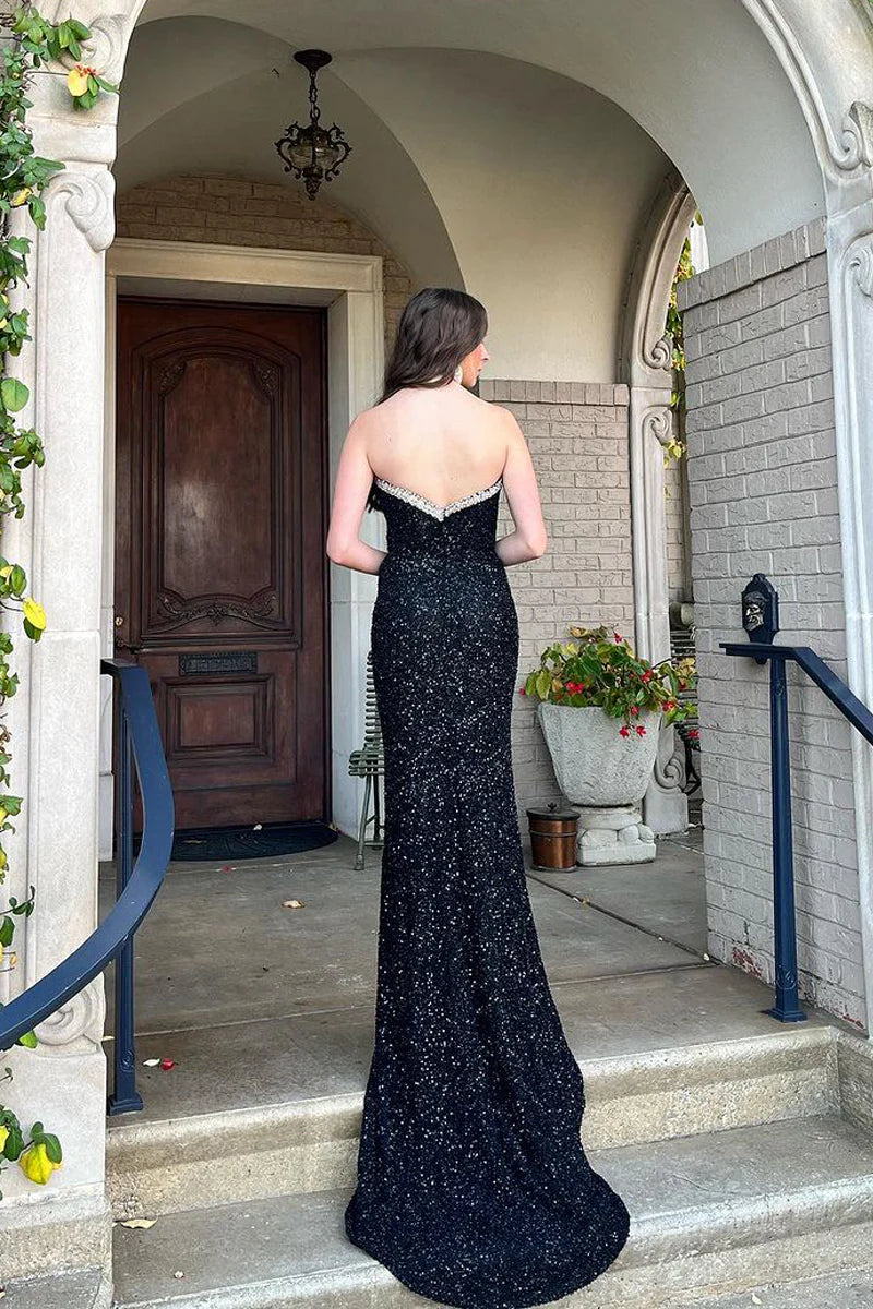 Mermaid V Neck Black Sequins Long Prom Dress with Beading