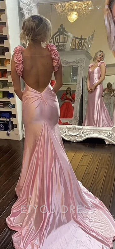 Mermaid Straps Satin Backless Pink formal dresses Bridesmaid Dresses evening gown Prom Dress