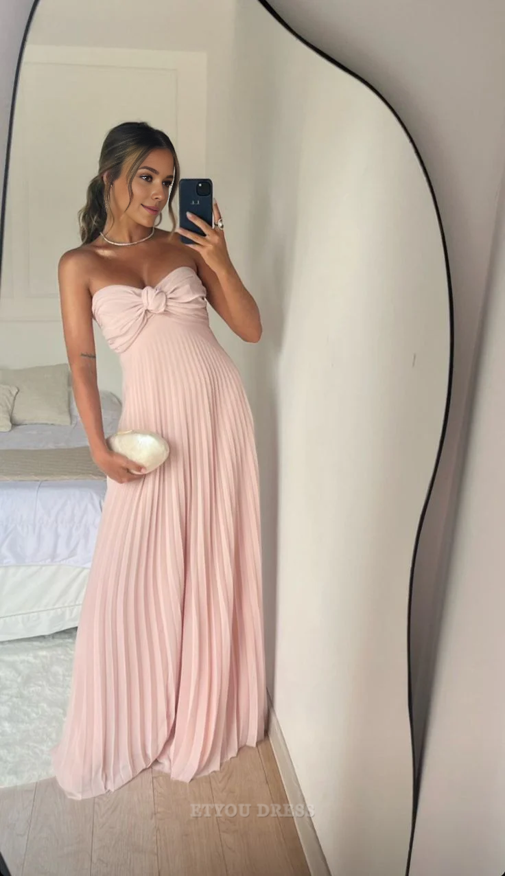 A Line Strapless Pleated Pink Long formal dresses Bridesmaid Dresses evening gown Prom Dress