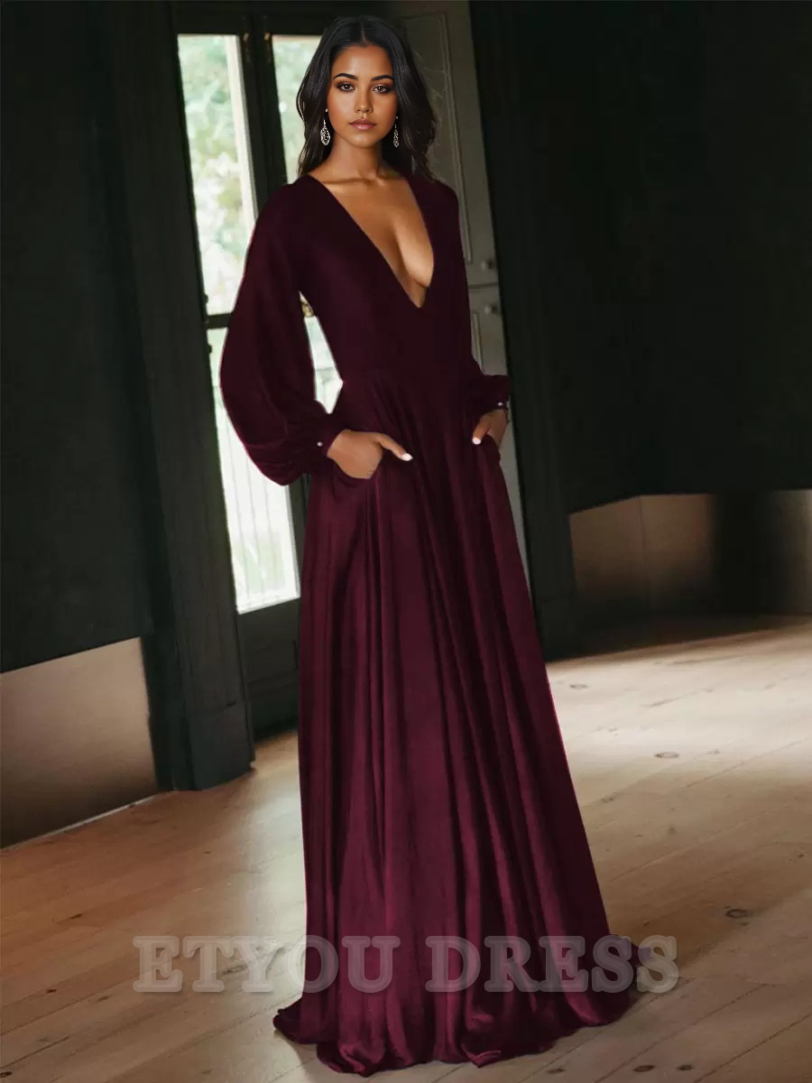A-Line Long Sleeves Cut Out Satin Court Train formal dresses Bridesmaid Dresses evening gown Prom Dress
