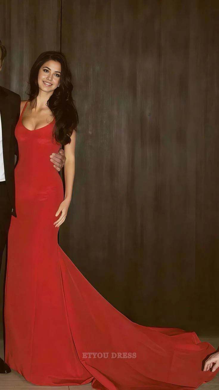 Mermaid Spaghetti Straps Sexy Red Satin formal dresses Bridesmaid Dresses evening gown Prom Dress