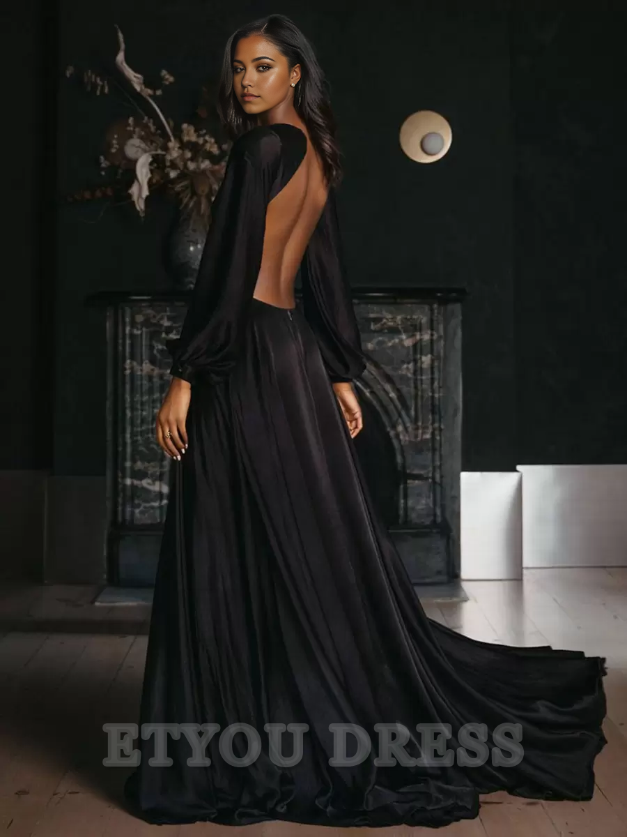 A-Line Long Sleeves Cut Out Satin Court Train formal dresses Bridesmaid Dresses evening gown Prom Dress