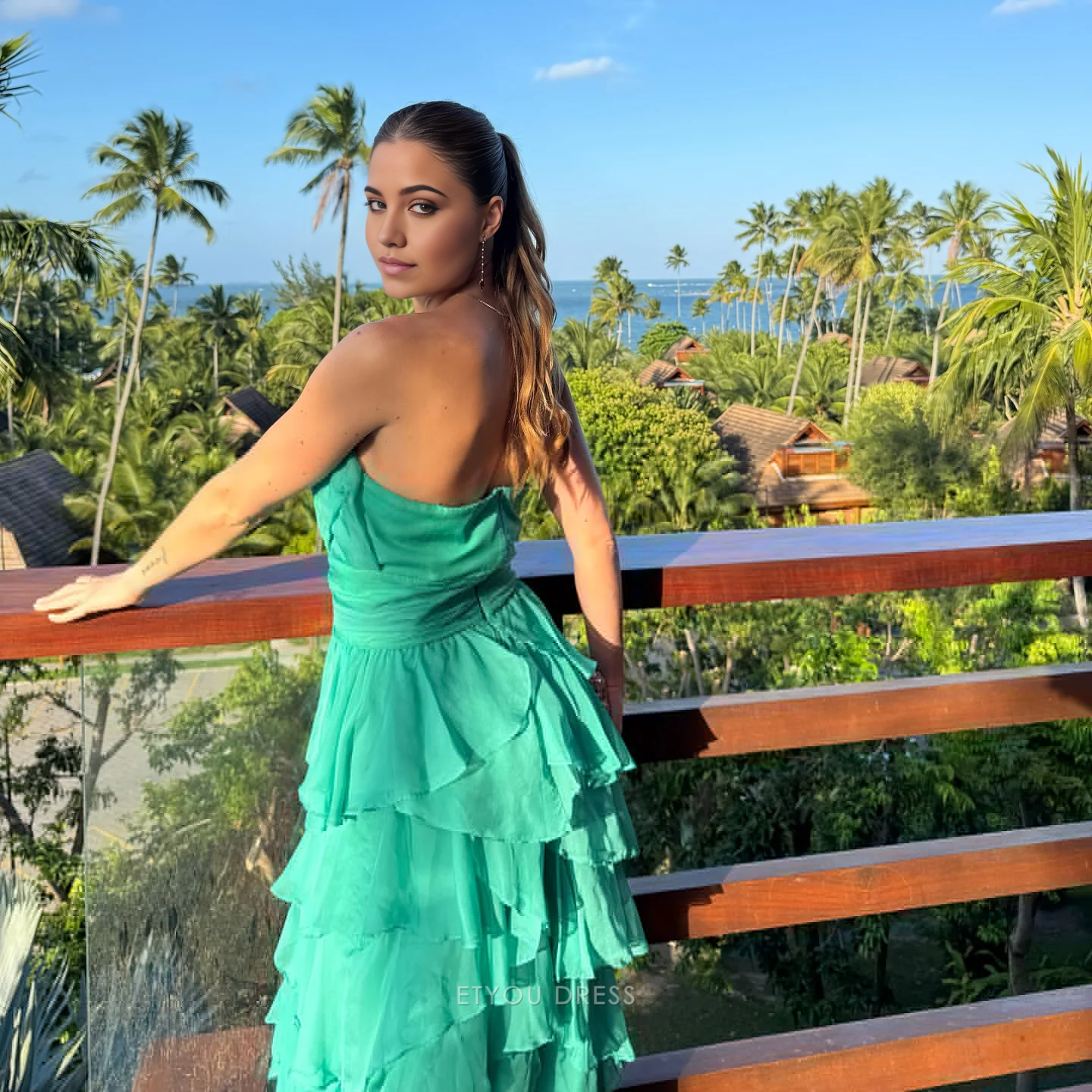 A Line Strapless Chiffon Tiered Long formal dresses Bridesmaid Dresses evening gown Prom Dress