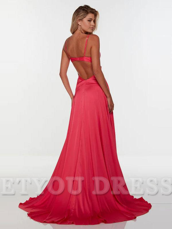 A-Line V-Neck Satin Sleeveless Split Front formal dresses Bridesmaid Dresses evening gown Prom Dress