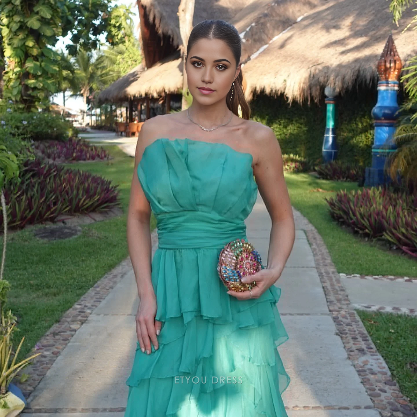 A Line Strapless Chiffon Tiered Long formal dresses Bridesmaid Dresses evening gown Prom Dress