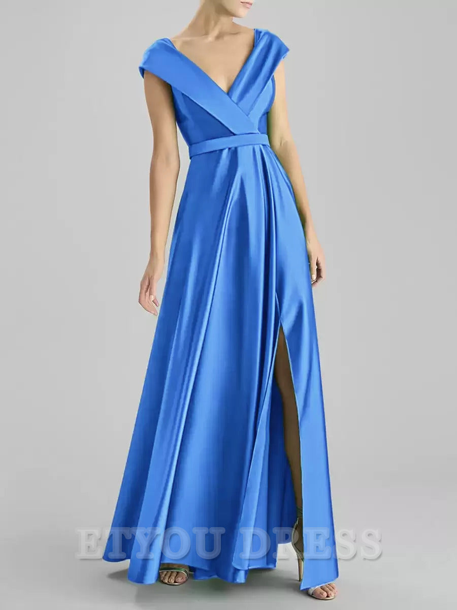 A-Line V-Neck Floor-Length Sleeveless Satin formal dresses Bridesmaid Dresses evening gown Prom Dress