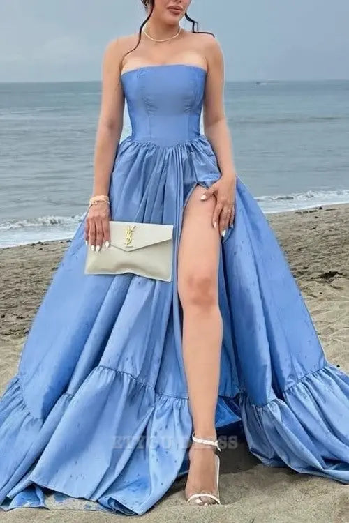 A Line Strapless formal dresses Bridesmaid Dresses evening gown Prom Dress With Split