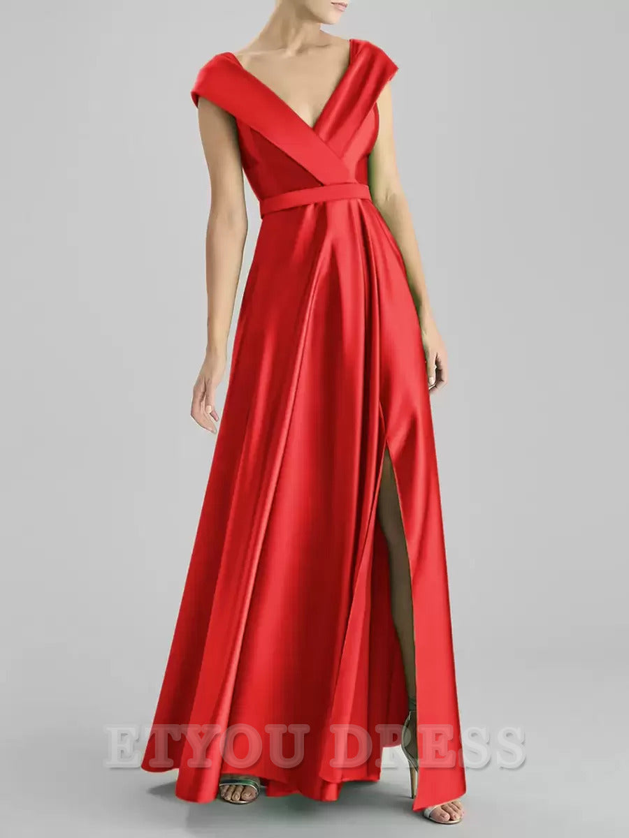 A-Line V-Neck Floor-Length Sleeveless Satin formal dresses Bridesmaid Dresses evening gown Prom Dress