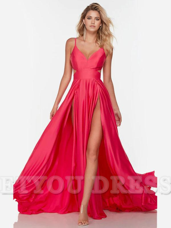 A-Line V-Neck Satin Sleeveless Split Front formal dresses Bridesmaid Dresses evening gown Prom Dress