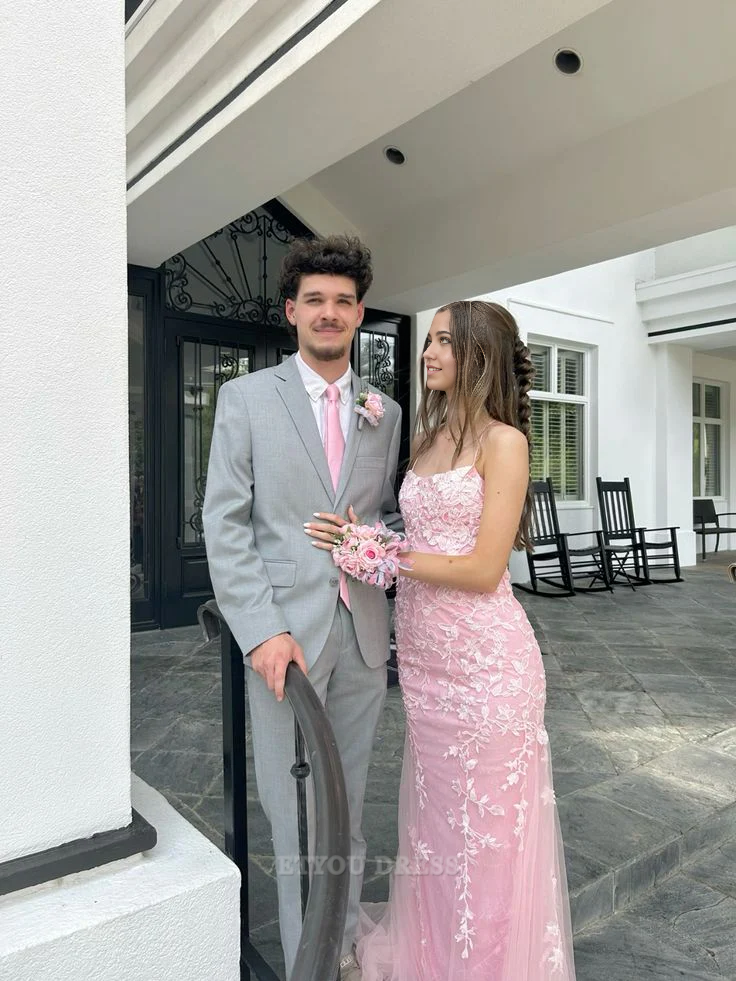 Mermaid Spaghetti Straps Lace Pink formal dresses Bridesmaid Dresses evening gown Prom Dress