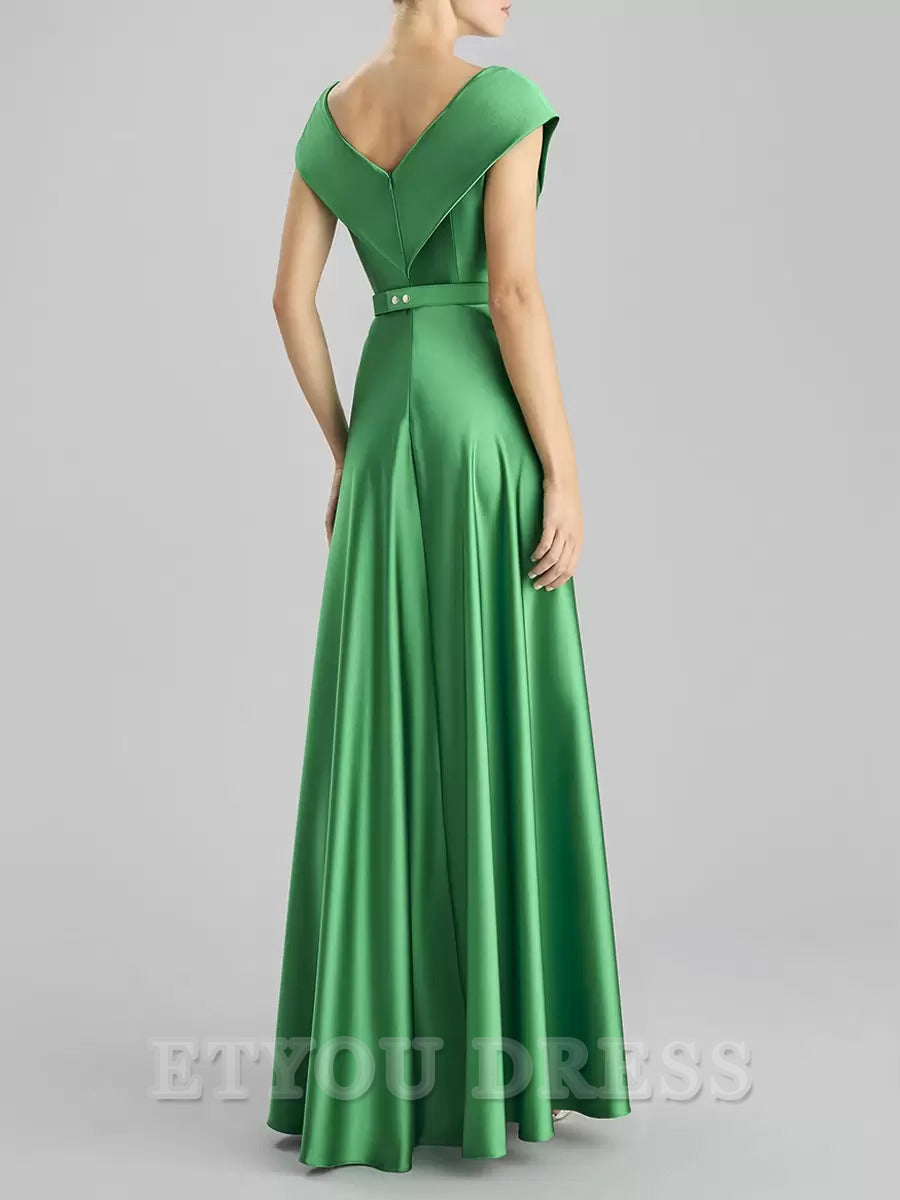 A-Line V-Neck Floor-Length Sleeveless Satin formal dresses Bridesmaid Dresses evening gown Prom Dress