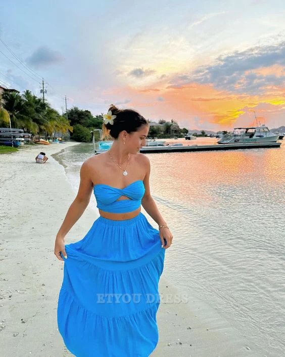 Two Piece Sweetheart Strapless Blue Long formal dresses Bridesmaid Dresses evening gown Prom Dress
