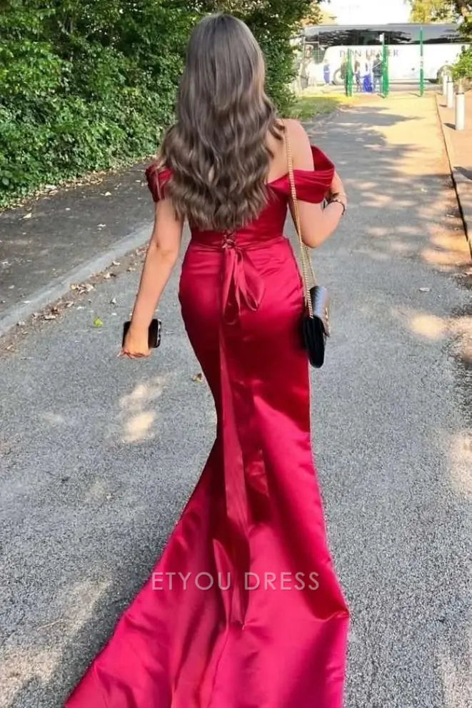 Mermaid Off The Shoulder Red Satin formal dresses Bridesmaid Dresses evening gown Prom Dress