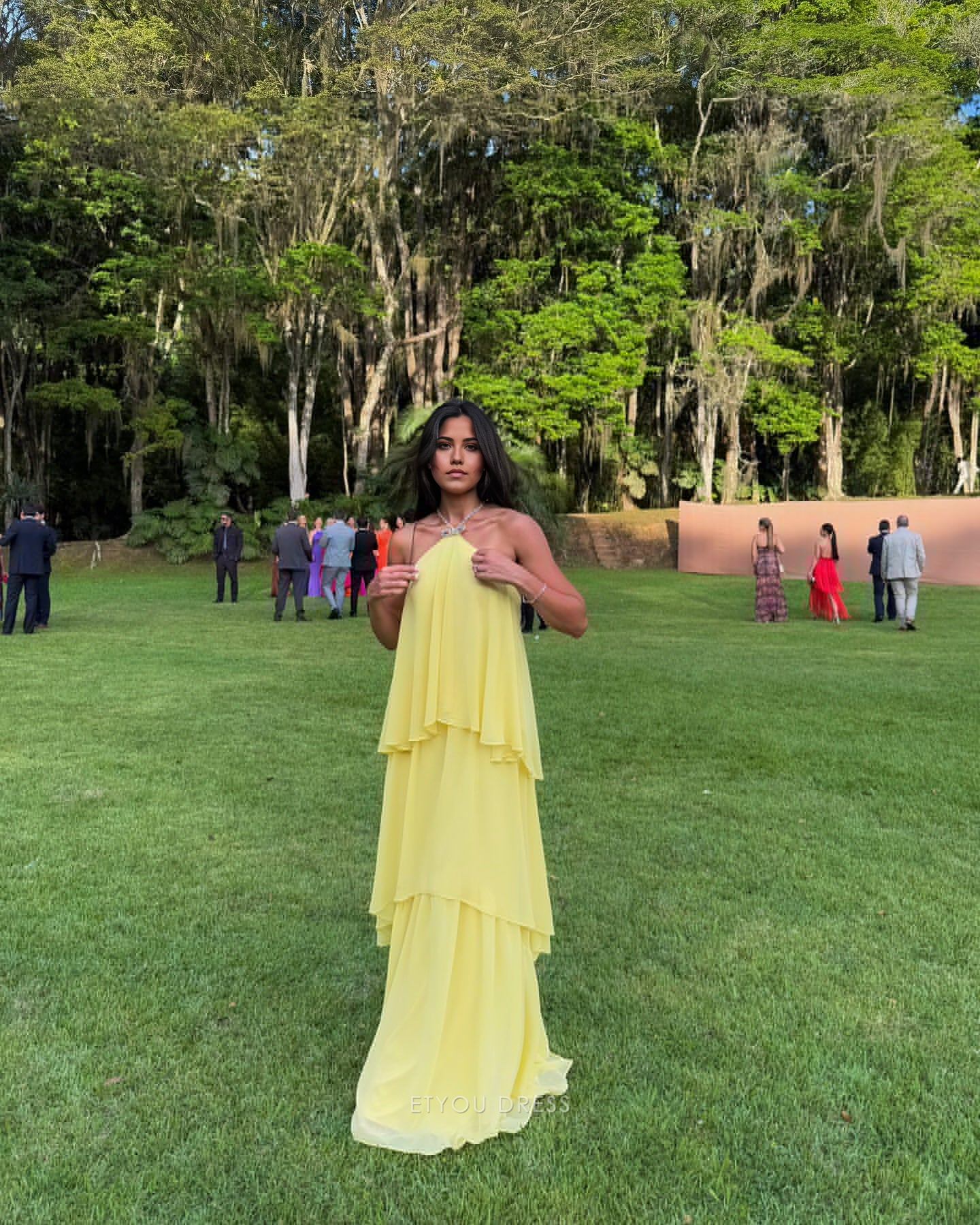 A Line Chiffon Tiered Ruffle Yellow formal dresses Bridesmaid Dresses evening gown Prom Dress