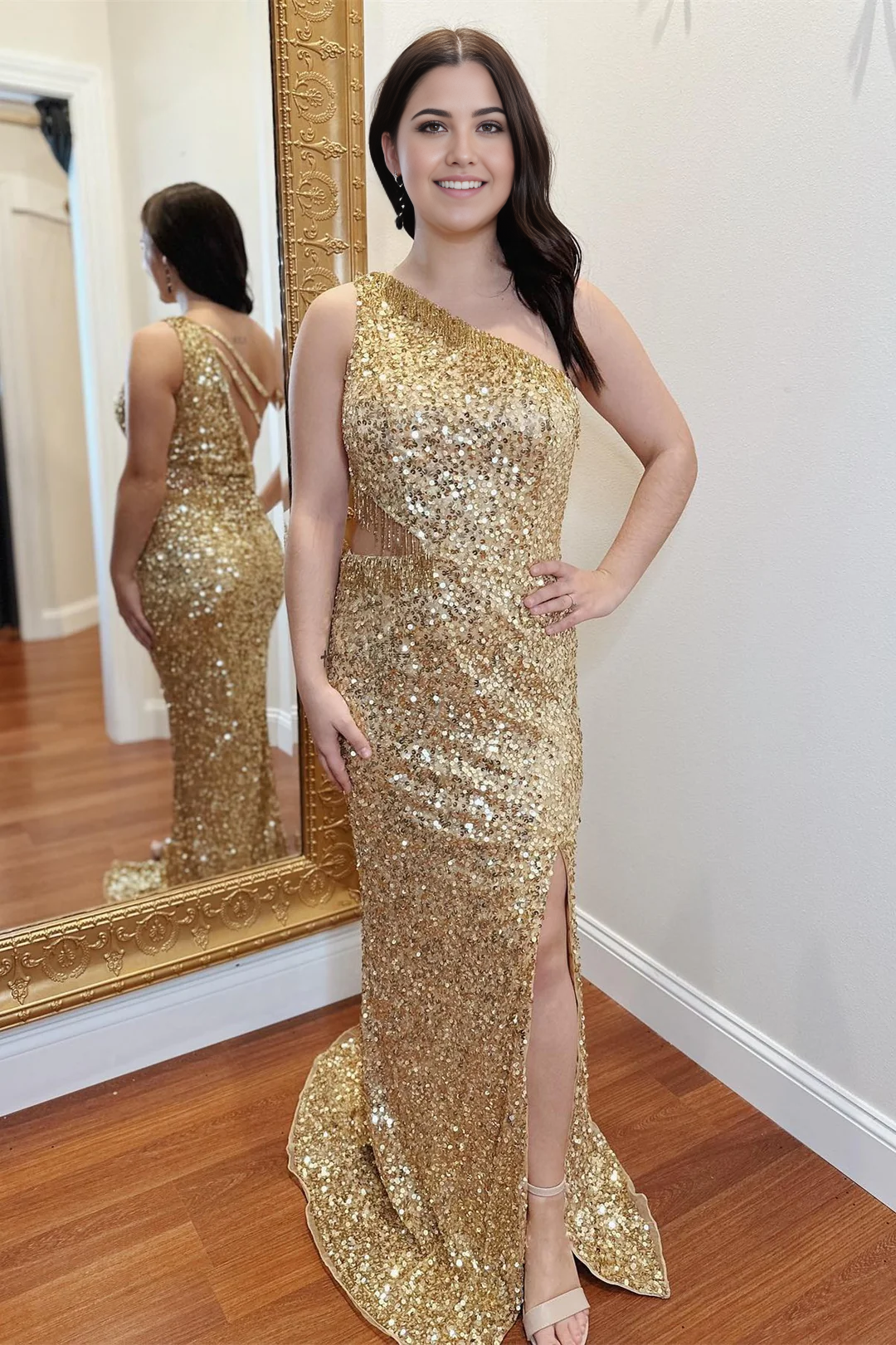 Mermaid One-Shoulder Gold Sequin Fringes Cutout Long formal dresses Bridesmaid Dresses evening gown Prom Dress with Slit