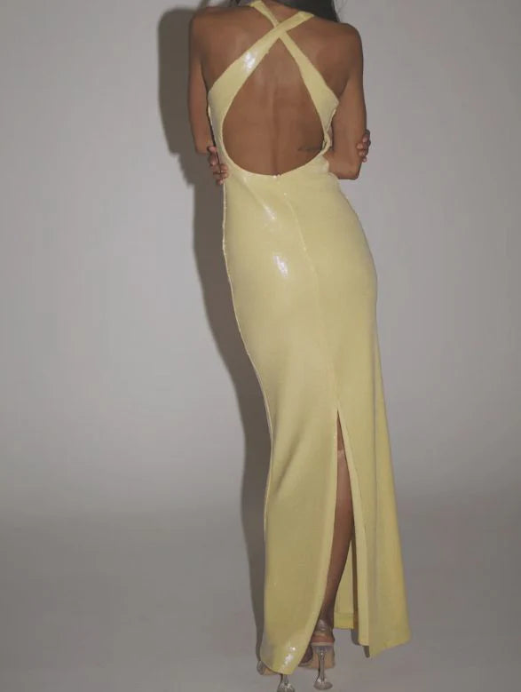 Mermaid V Neck Yellow Long Sequin formal dresses Bridesmaid Dresses evening gown Prom Dress