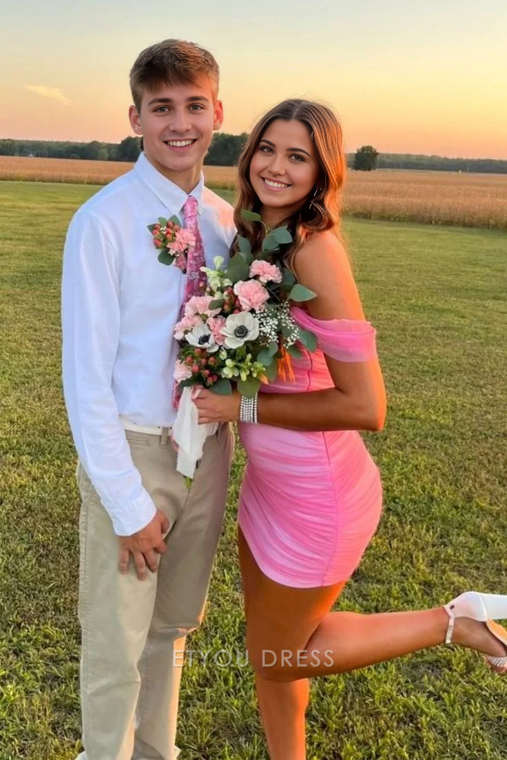 Sheath Off The Shoulder Pink Short Homecoming Dress formal dresses Bridesmaid Dresses evening gown Prom Dress