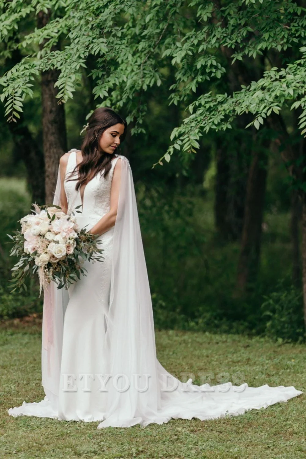 Mermaid Deep V Neck White Long Wedding Dress with Cape
