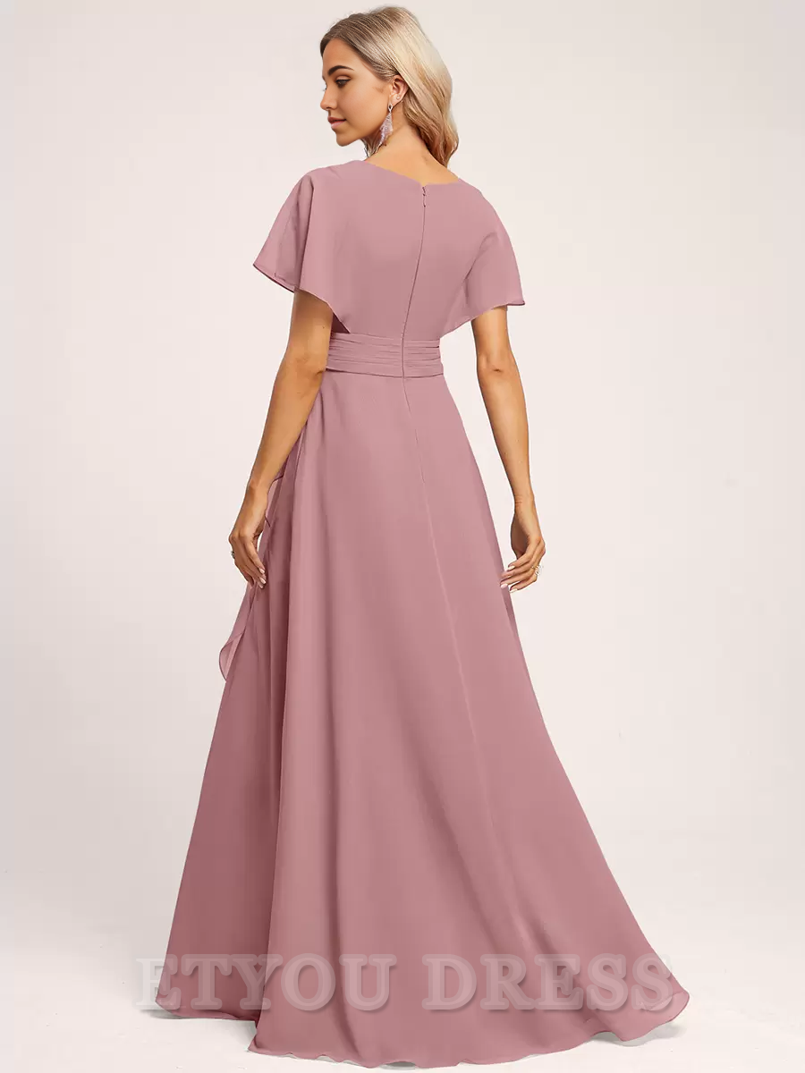 A-line V-Neck Floor-Length Zipper Chiffon formal dresses Bridesmaid Dresses evening gown Prom Dress