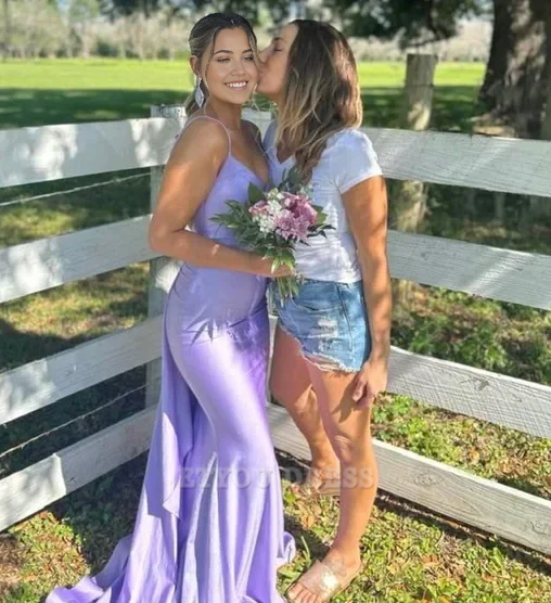 Mermaid V-Neck Backless Lavender Satin Long formal dresses Bridesmaid Dresses evening gown Prom Dress