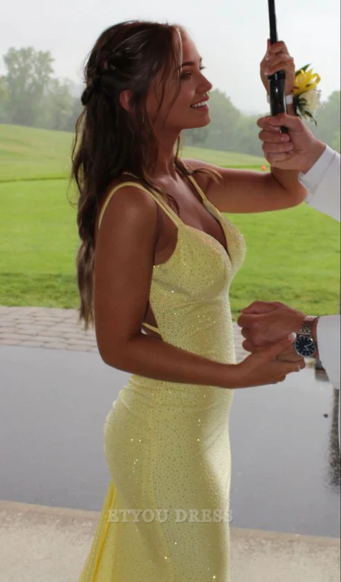 Mermaid Shiny Backless Yellow Long formal dresses Bridesmaid Dresses evening gown Prom Dress