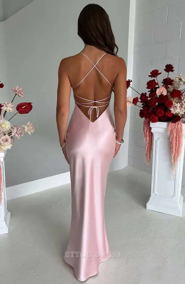 Sheath Halter Neck Pink Satin formal dresses Bridesmaid Dresses evening gown Prom Dress