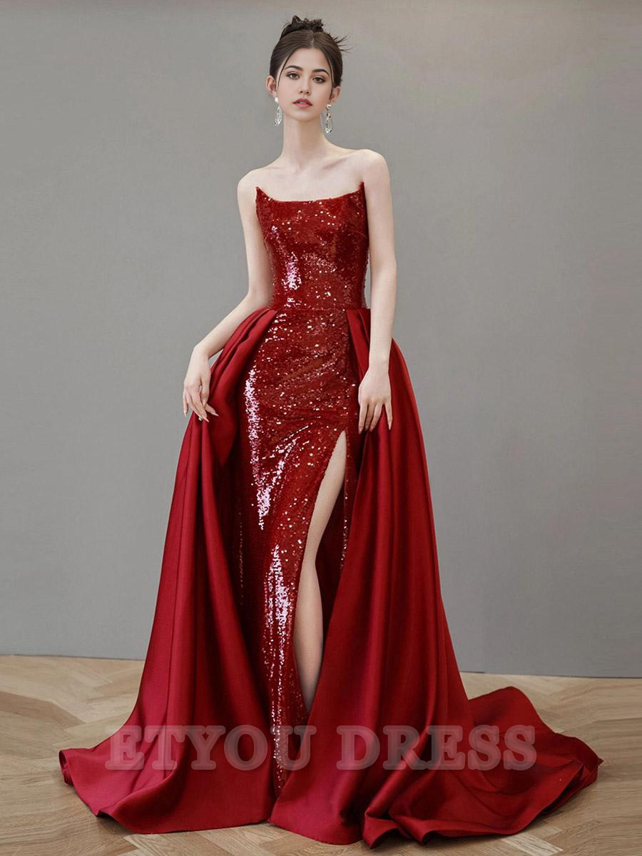 A-Line Strapless Sequined Court Train Sequins Social formal dresses Bridesmaid Dresses evening gown Prom Dress