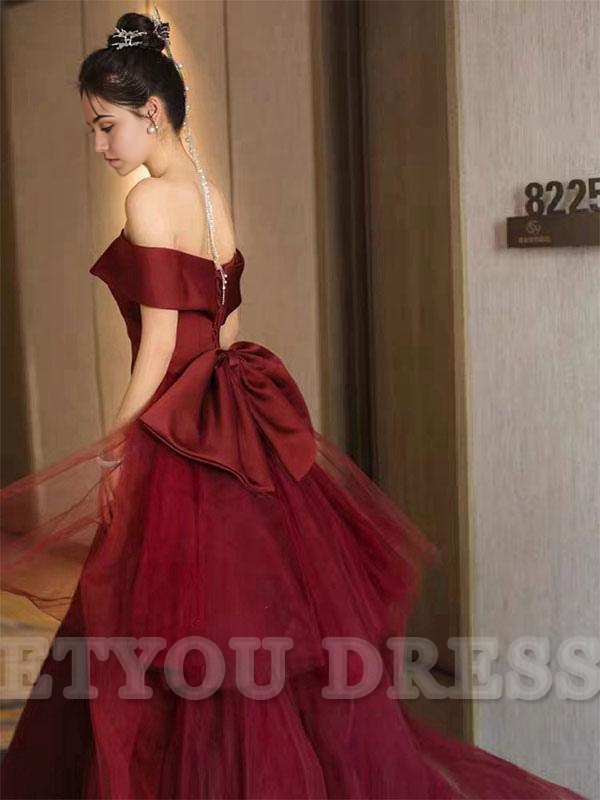 A-Line Bateau Neck Train Short Sleeves Lace-up Satin formal dresses Bridesmaid Dresses evening gown Prom Dress