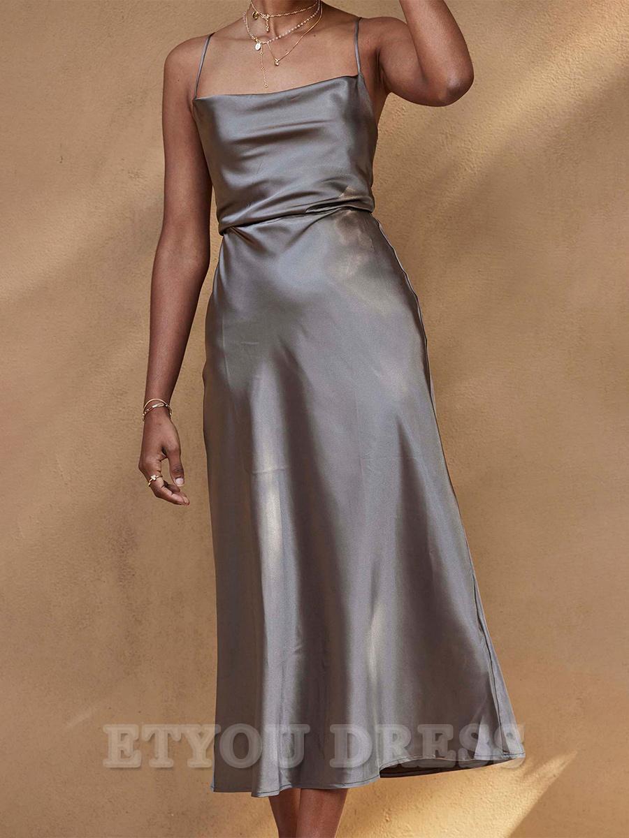 A-line Spaghetti Straps Square Neck Sleeveless Zipper Satin formal dresses Bridesmaid Dresses evening gown Prom Dress