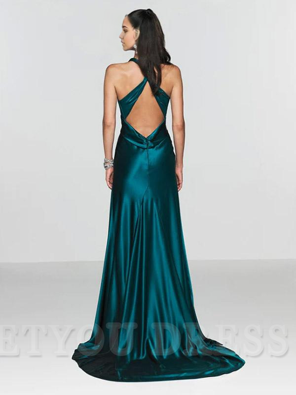 A-Line V-Neck Satin Sweep formal dresses evening gown Prom Dress