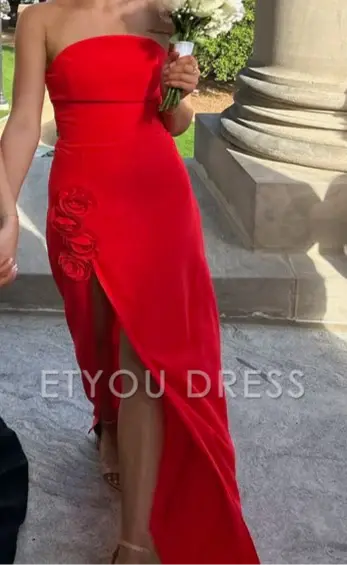 Sheath Strapless Red Slit Long formal dresses Bridesmaid Dresses evening gown Prom Dress