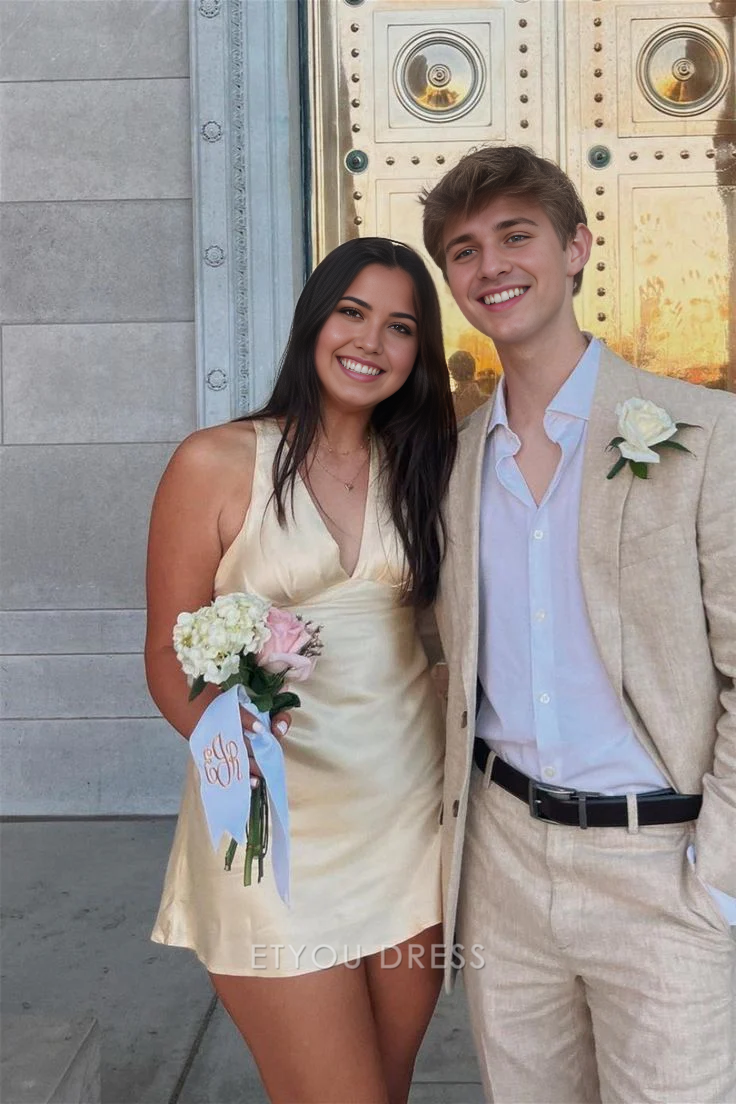 A Line V Neck Yellow Homecoming Dress Short formal dresses Bridesmaid Dresses evening gown Prom Dress