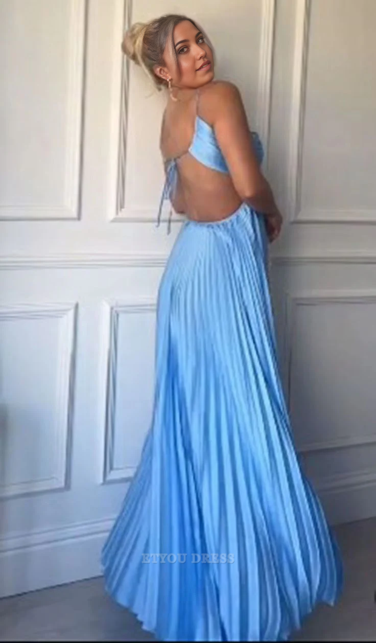 A Line Halter Backless Blue Long formal dresses Bridesmaid Dresses evening gown Prom Dress