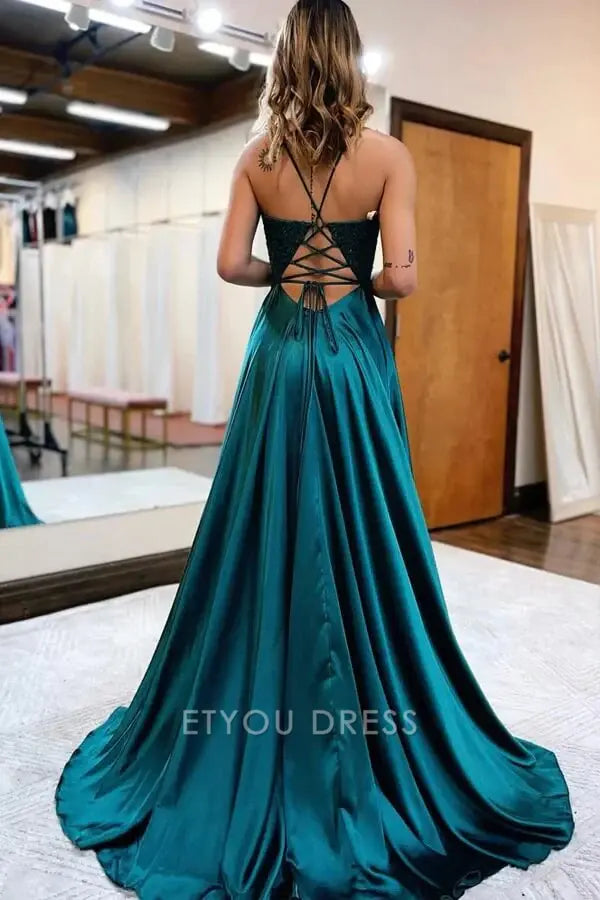A-line V-neck Spaghetti Straps Satin formal dresses Bridesmaid Dresses evening gown Prom Dress With Slit