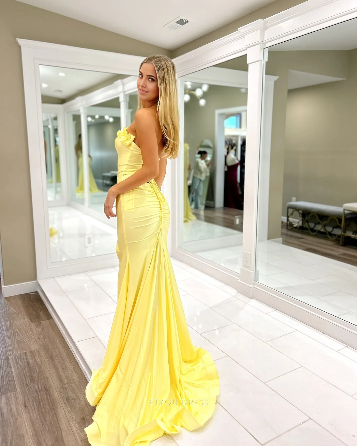 Mermaid Strapless Satin Yellow formal dresses Bridesmaid Dresses evening gown Prom Dress With Split