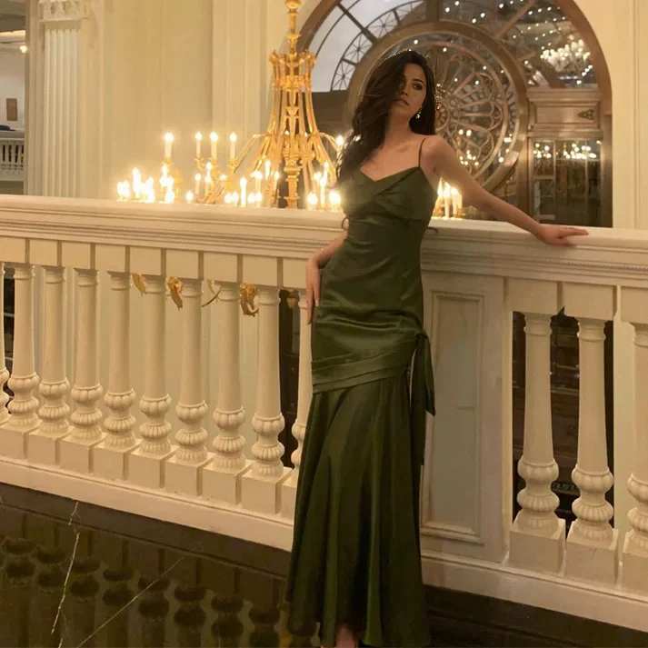 Mermaid Spaghetti Straps Green Satin Long formal dresses Bridesmaid Dresses evening gown Prom Dress