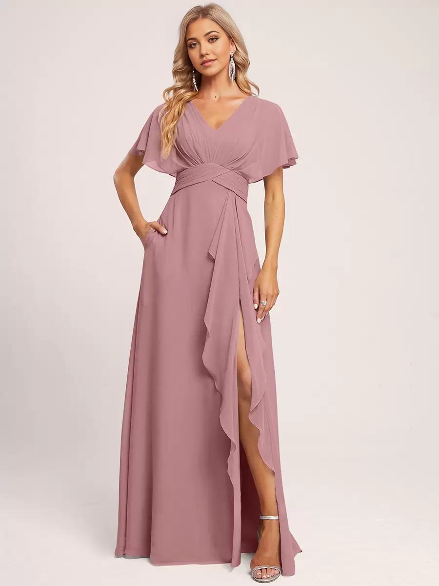 A-line V-Neck Floor-Length Zipper Chiffon formal dresses Bridesmaid Dresses evening gown Prom Dress