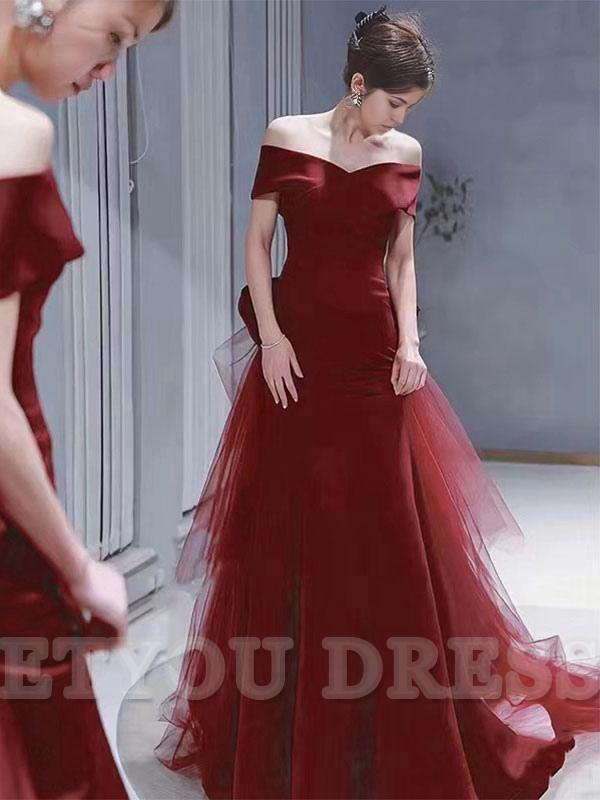 A-Line Bateau Neck Train Short Sleeves Lace-up Satin formal dresses Bridesmaid Dresses evening gown Prom Dress