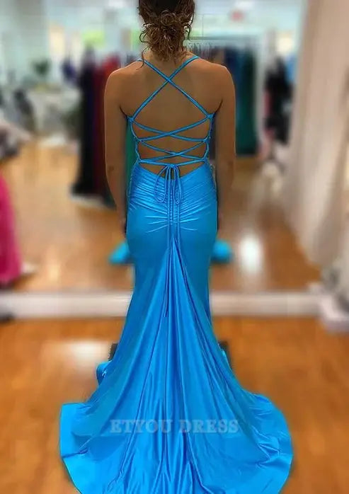 Mermaid V Neck Spaghetti Straps Backless Blue formal dresses Bridesmaid Dresses evening gown Prom Dress With Split