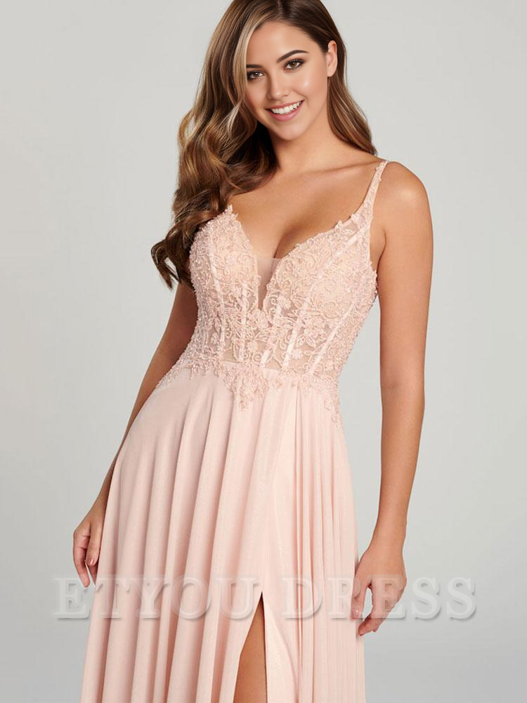 A-Line V-Neck Sleeveless Backless Split Front formal dresses Bridesmaid Dresses evening gown Prom Dress