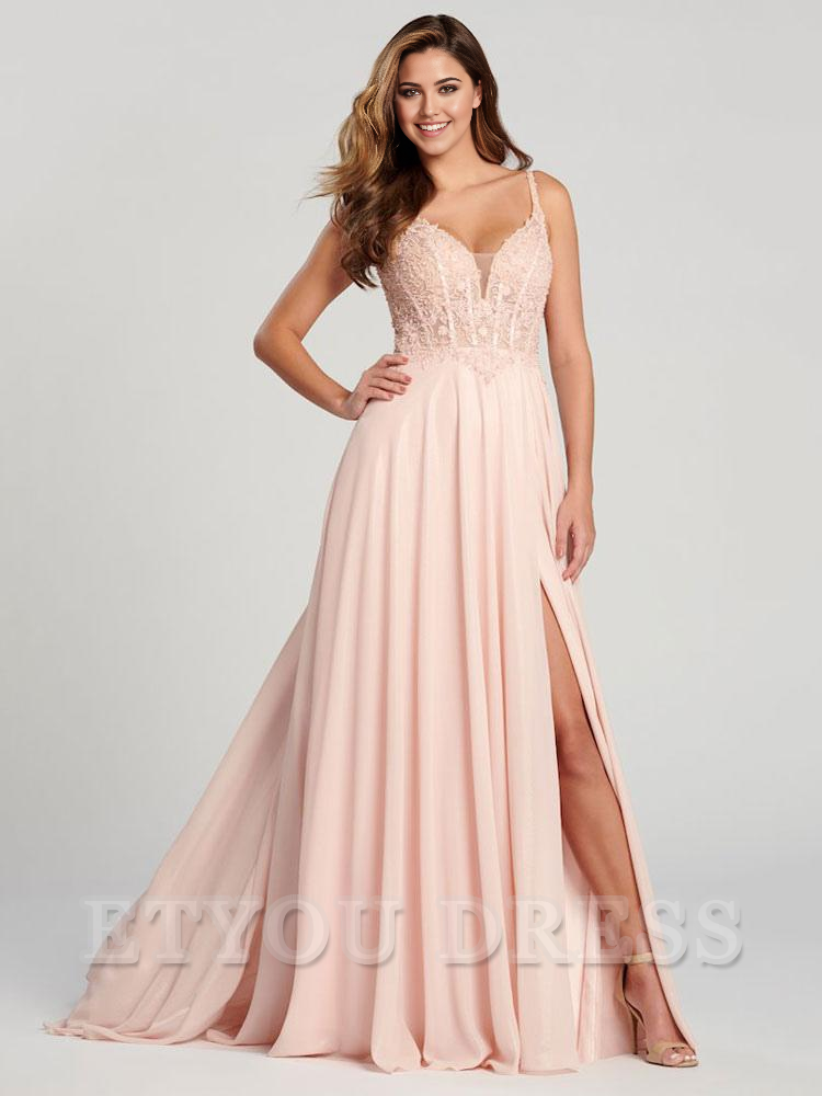 A-Line V-Neck Sleeveless Backless Split Front formal dresses Bridesmaid Dresses evening gown Prom Dress