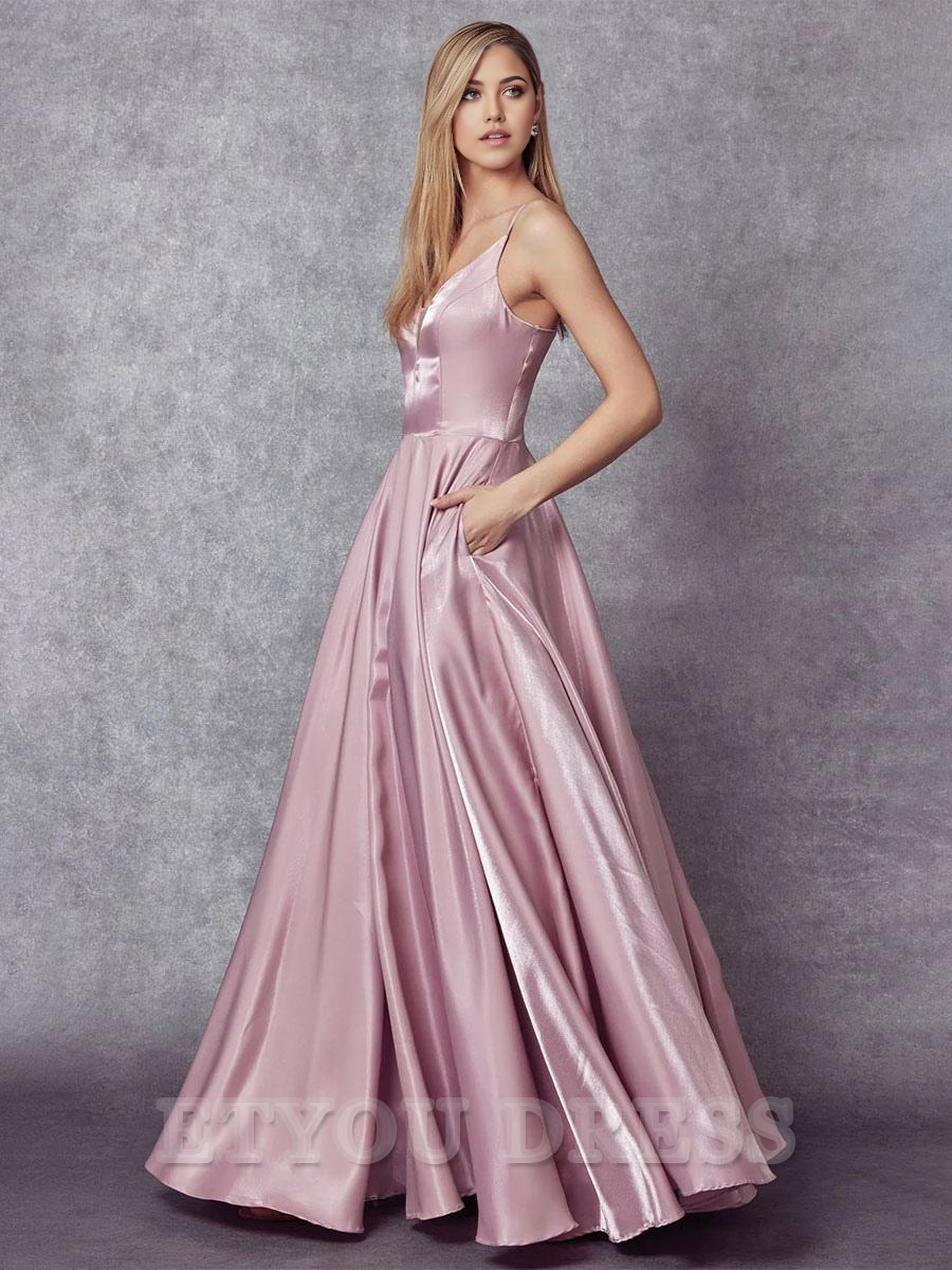 A-Line V-Neck Sleeveless Pockets Satin formal dresses Bridesmaid Dresses evening gown Prom Dress