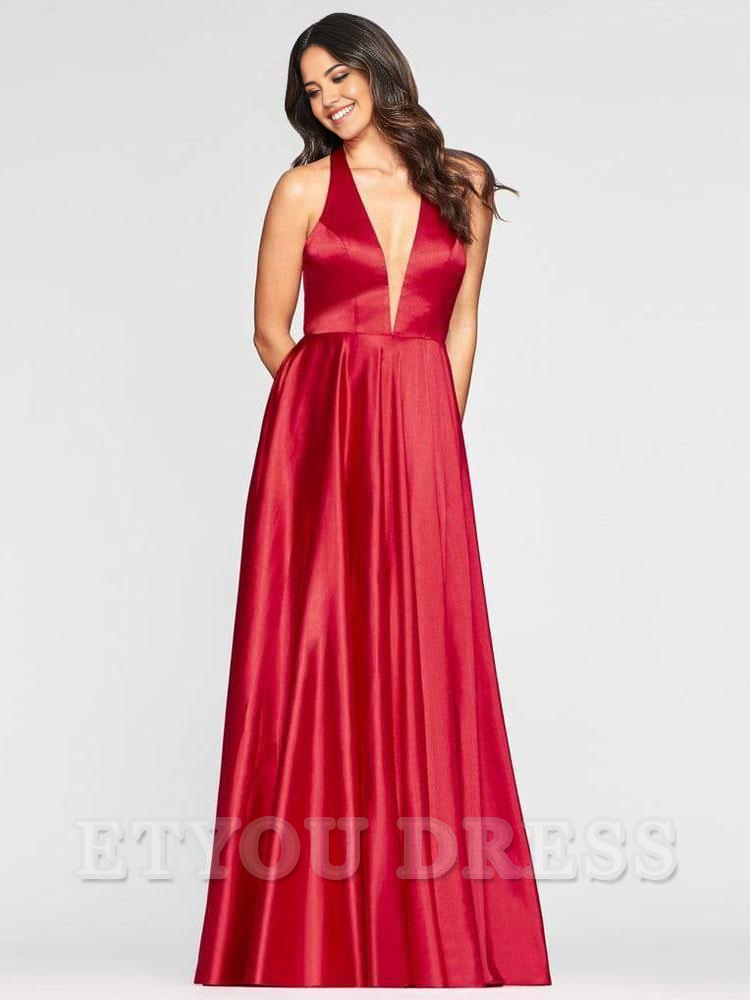 A-Line V-Neck Satin Halter Sleeveless Long formal dresses Bridesmaid Dresses evening gown Prom Dress