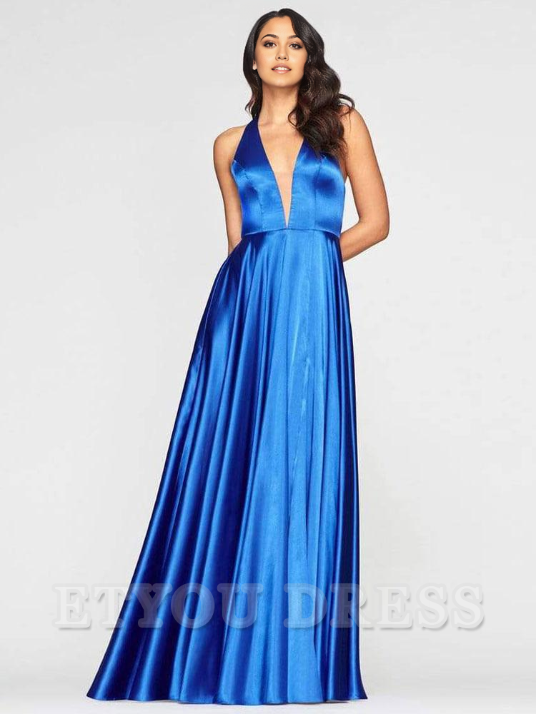 A-Line V-Neck Satin Halter Sleeveless Long formal dresses Bridesmaid Dresses evening gown Prom Dress